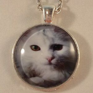 Silver White Cat Kitten Cabochon Pendant Chain Necklace 20" Party Gift